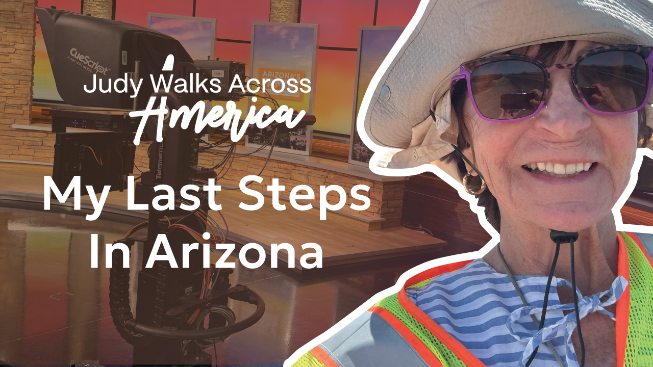 A group photo of Judy and her supporters at the start of her walk across America.