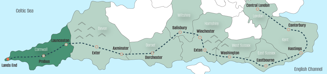 A map of Judy's route for her United Kingdom.